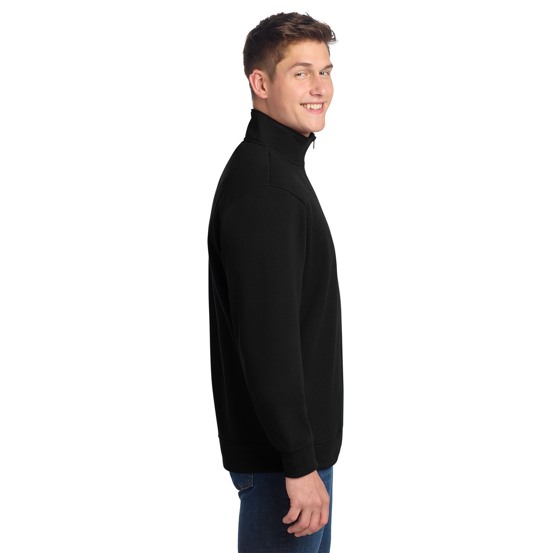 Black men's tall quarter-zip sweatshirt made from 9-ounce ring spun combed cotton/poly fleece with a twill-taped neck and 2x2 rib knit cuffs and waistband.