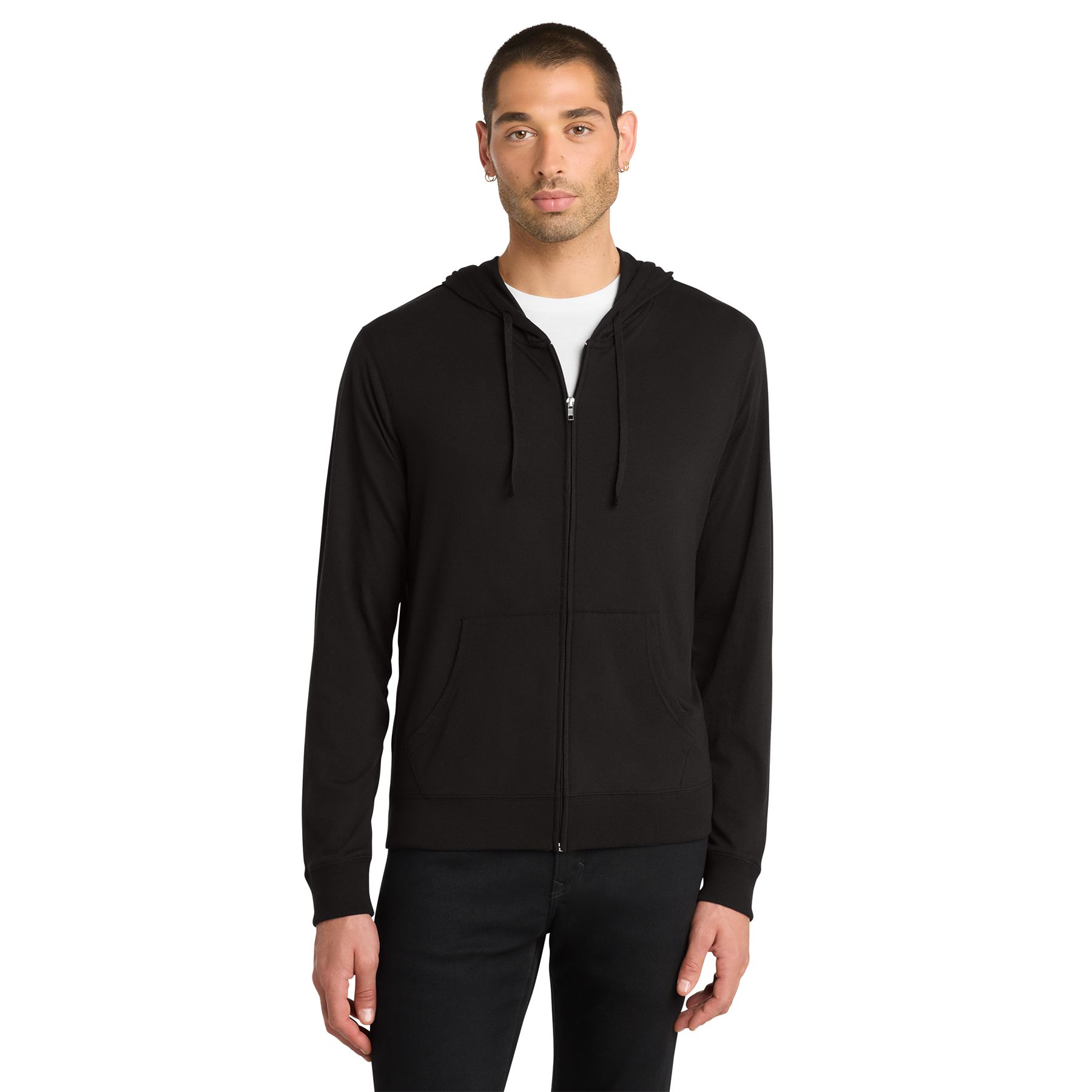 Black adult full-zip hoodie made from lightweight 60/40 combed ring spun cotton and polyester with dyed-to-match drawcords and zipper, rib knit cuffs and hem, and a tear-away label.