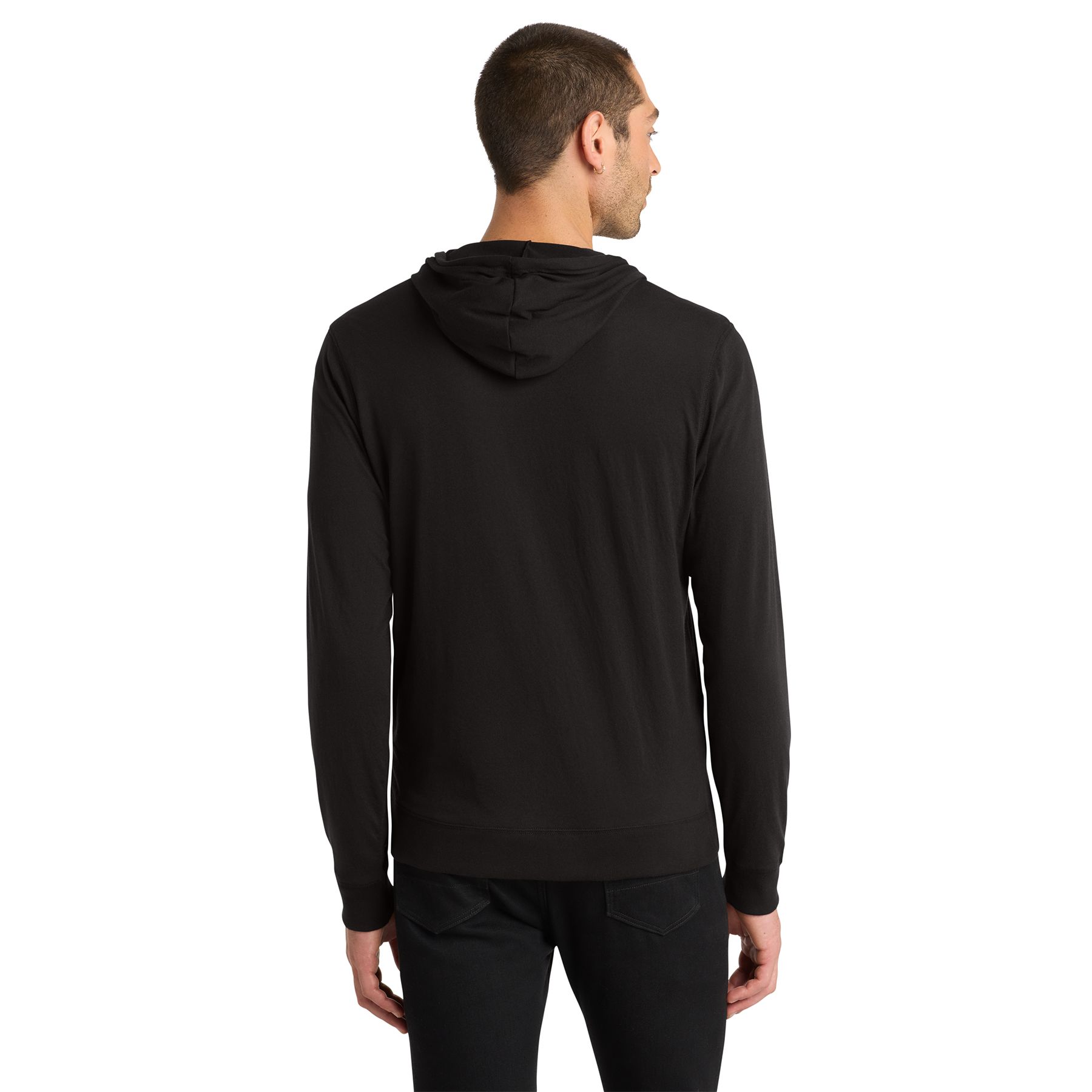 Black adult full-zip hoodie made from lightweight 60/40 combed ring spun cotton and polyester with dyed-to-match drawcords and zipper, rib knit cuffs and hem, and a tear-away label.