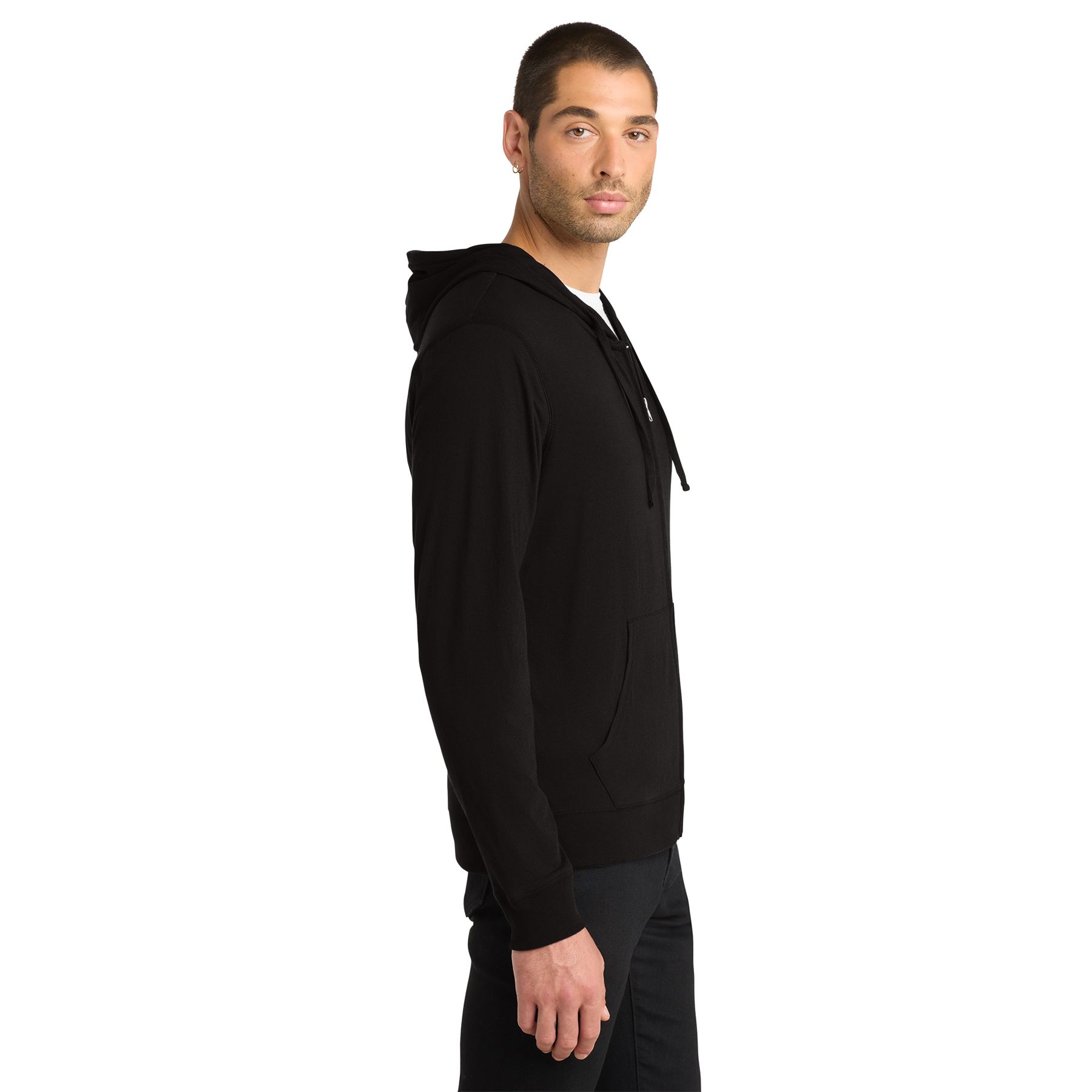 Black adult full-zip hoodie made from lightweight 60/40 combed ring spun cotton and polyester with dyed-to-match drawcords and zipper, rib knit cuffs and hem, and a tear-away label.