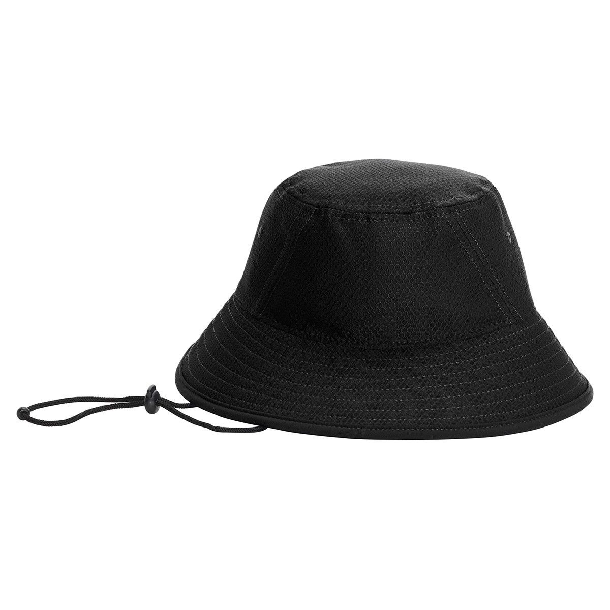 Black New Era Hex Era Bucket Hat in polyester with a relaxed unstructured design, adjustable drawcord, and wide brim for outdoor sun protection and everyday wear.