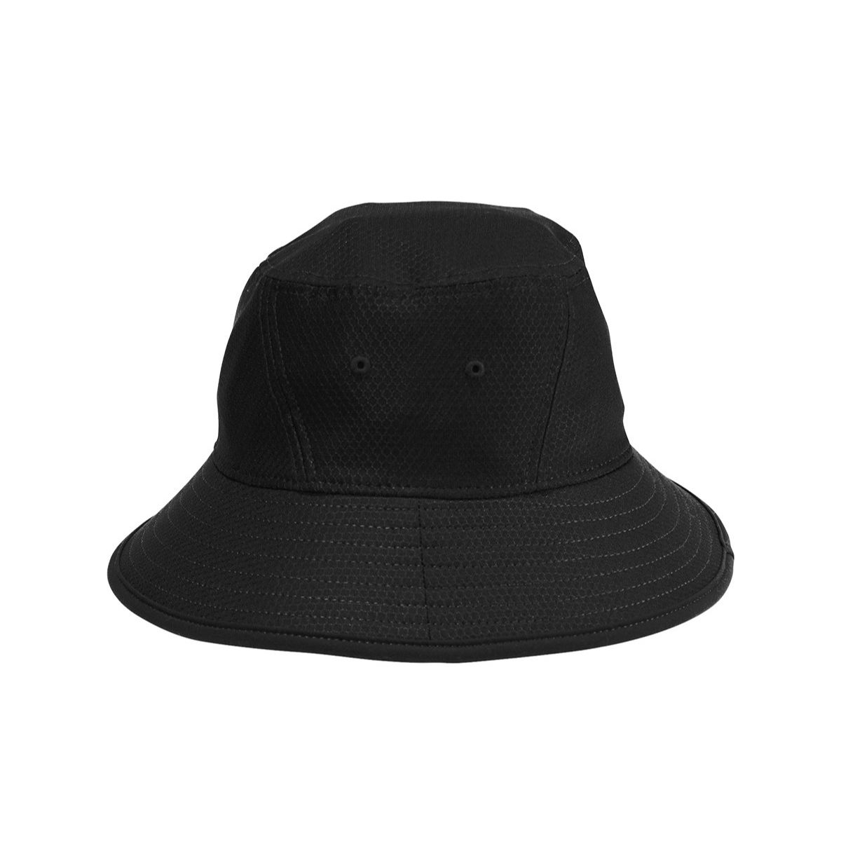 Black New Era Hex Era Bucket Hat in polyester with a relaxed unstructured design, adjustable drawcord, and wide brim for outdoor sun protection and everyday wear.