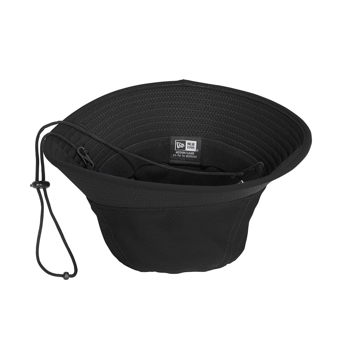 Black New Era Hex Era Bucket Hat in polyester with a relaxed unstructured design, adjustable drawcord, and wide brim for outdoor sun protection and everyday wear.
