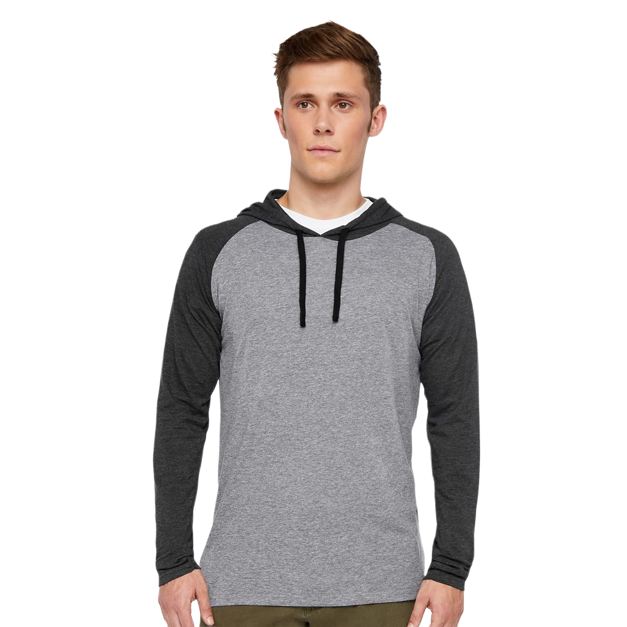 Granite Heather, Vintage Smoke, and Black unisex fine jersey hooded long sleeve raglan tee made from lightweight ring-spun cotton with raglan sleeves, a three-piece hood, and side vent.