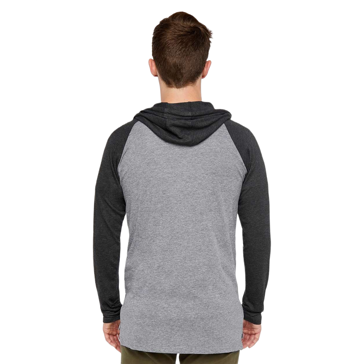 Granite Heather, Vintage Smoke, and Black unisex fine jersey hooded long sleeve raglan tee made from lightweight ring-spun cotton with raglan sleeves, a three-piece hood, and side vent.