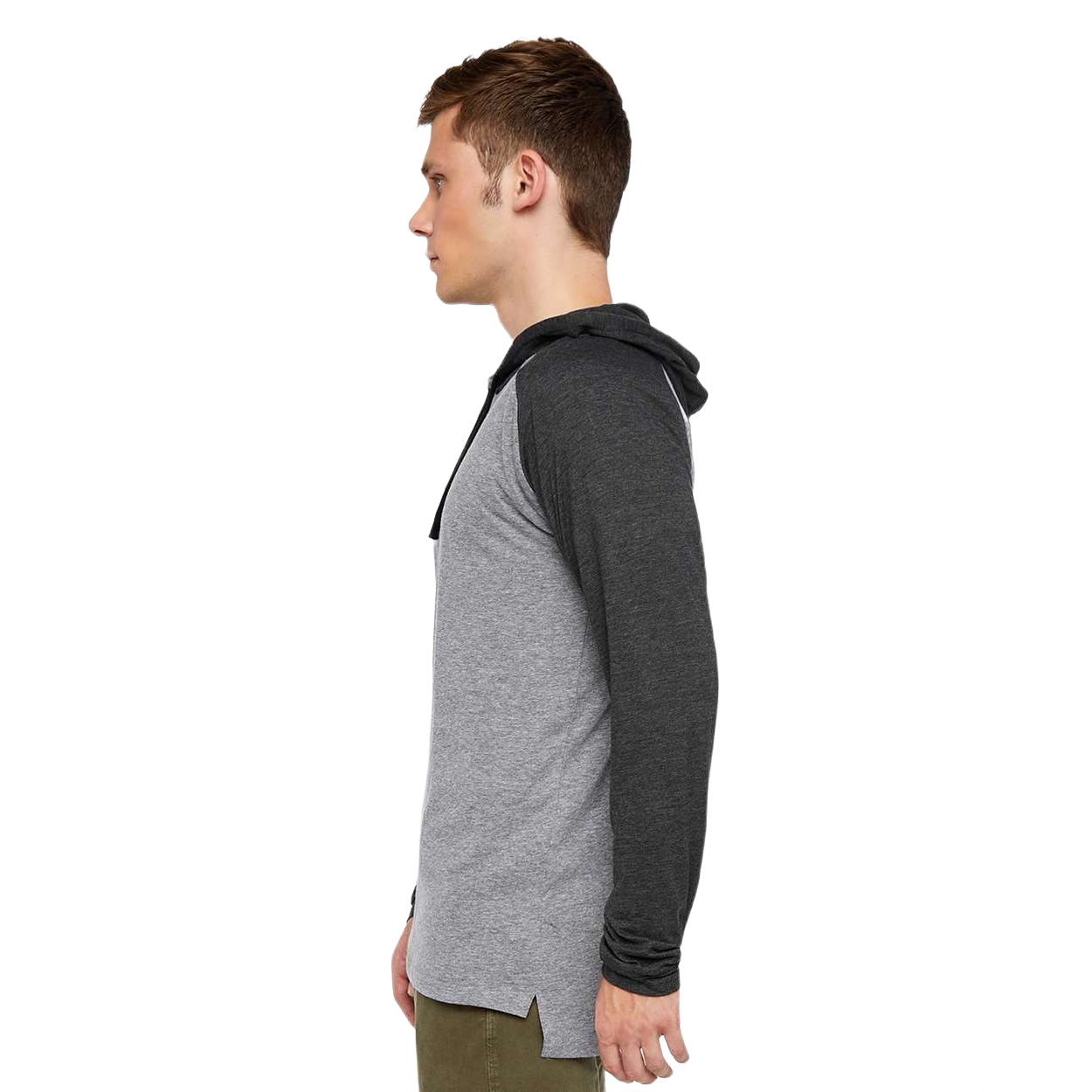 Granite Heather, Vintage Smoke, and Black unisex fine jersey hooded long sleeve raglan tee made from lightweight ring-spun cotton with raglan sleeves, a three-piece hood, and side vent.