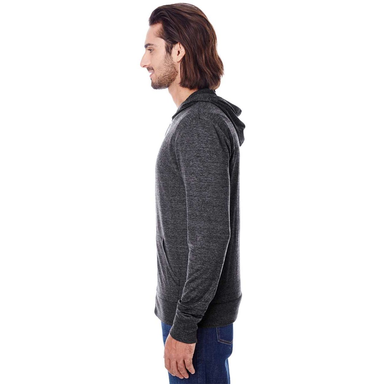 Black Triblend unisex lightweight hooded sweatshirt made from a recycled polyester, cotton, and rayon blend with a vintage heathered finish, full-zip front, side seams, and tear-away label.