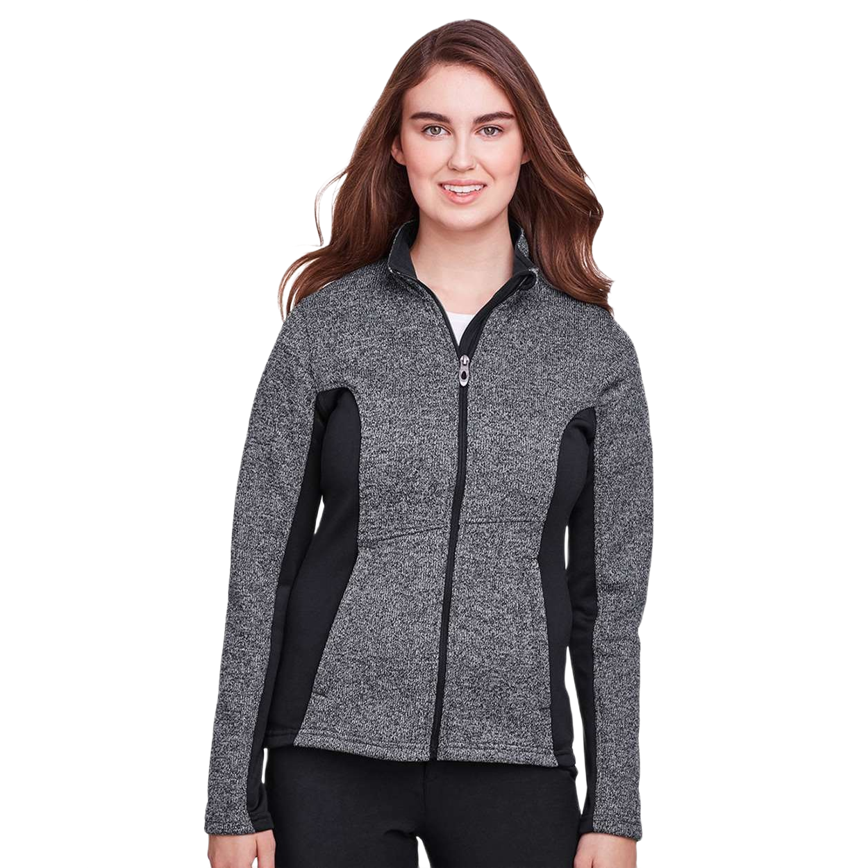 Black Heather and Black women's sweater fleece jacket made from polyester sweater knit bonded to fleece with a modern fit, princess seams, full-zip front, and zippered hand warmer pockets.