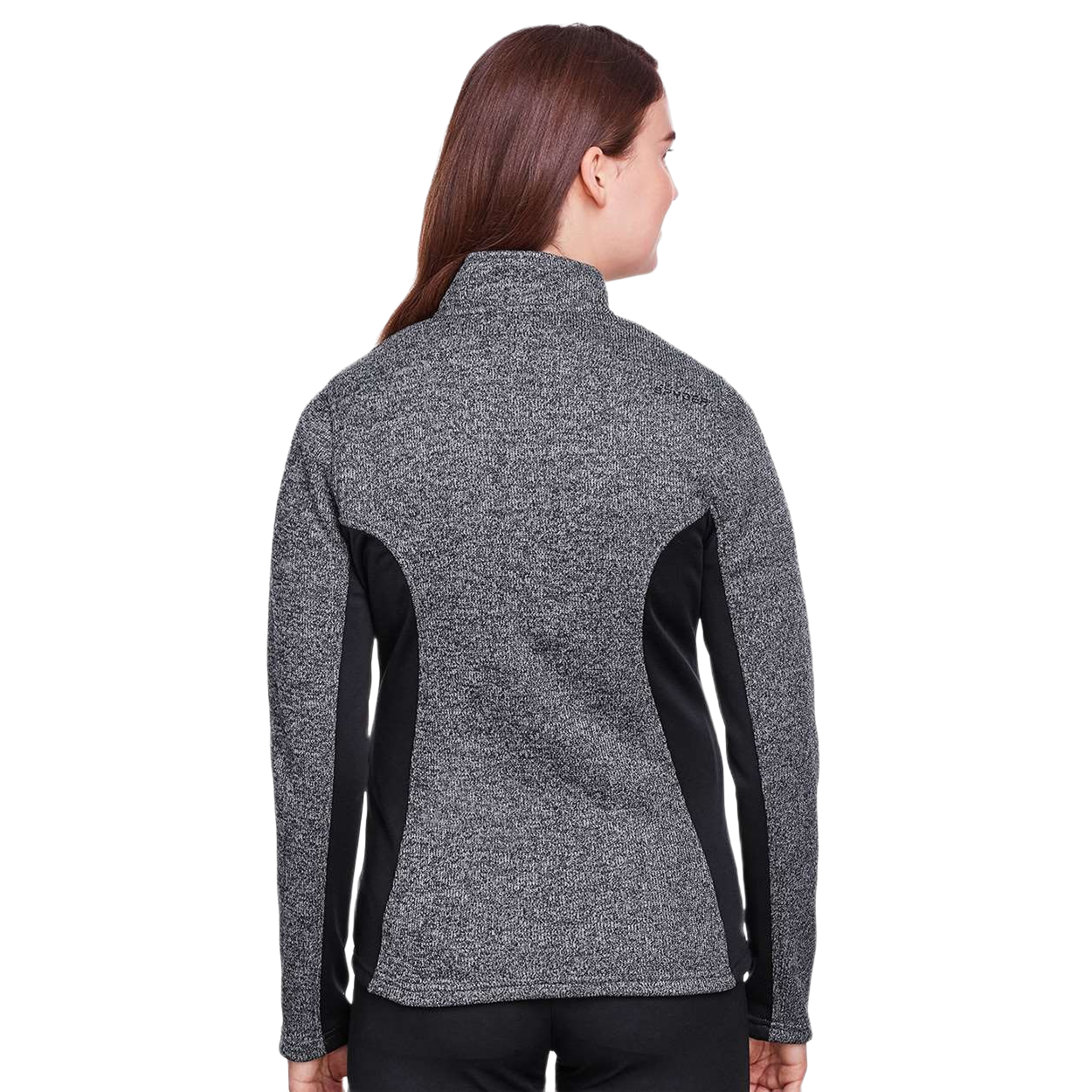 Black Heather and Black women's sweater fleece jacket made from polyester sweater knit bonded to fleece with a modern fit, princess seams, full-zip front, and zippered hand warmer pockets.
