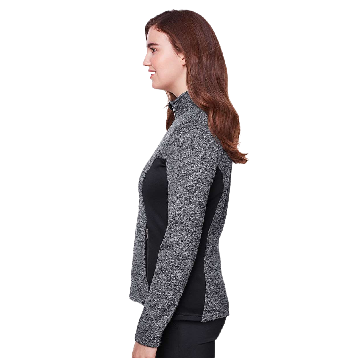 Black Heather and Black women's sweater fleece jacket made from polyester sweater knit bonded to fleece with a modern fit, princess seams, full-zip front, and zippered hand warmer pockets.