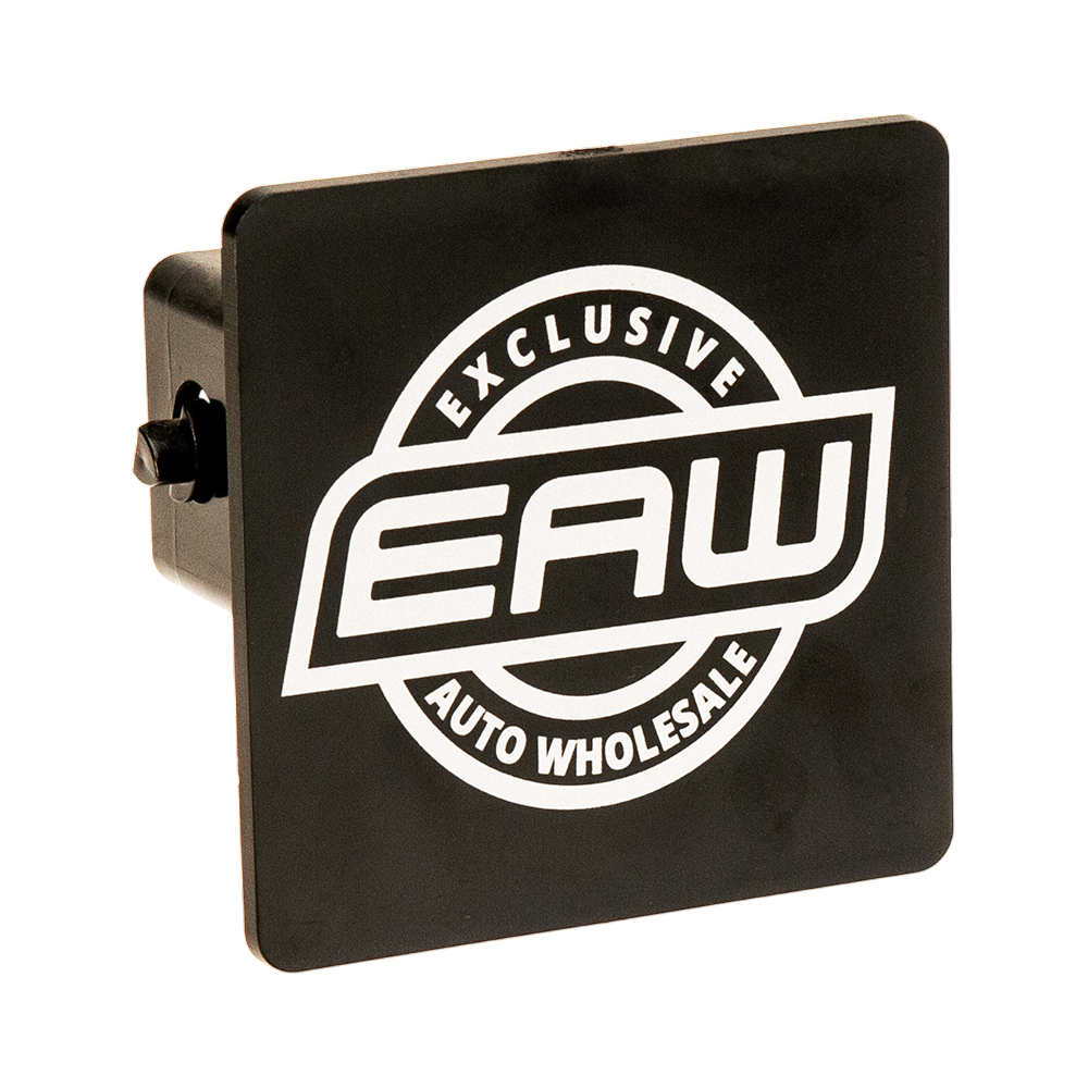 4" Square Hitch Cover, black ABS plastic vehicle accessory with a durable screen-printed design, made to fit most 2-inch receivers for displaying a team logo, message, or branded artwork on the road.