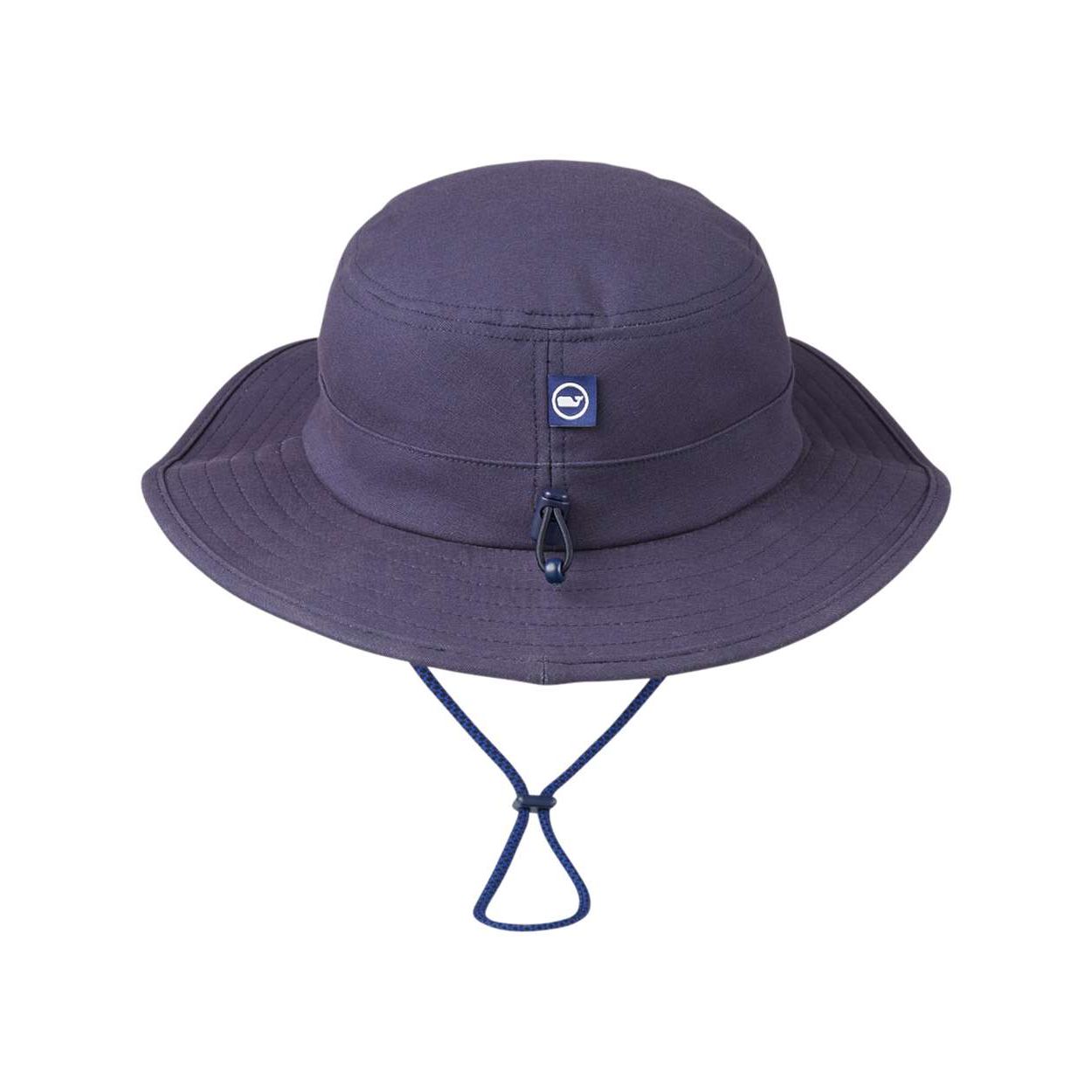 Vineyard Navy Vineyard Vines® Unisex Surf Patch Canvas Bucket Hat in cotton canvas, featuring a surf-inspired patch graphic, side ventilation grommets, a chin strap with plastic clip, and a whale logo label tab, designed for casual outdoor and beach wear.