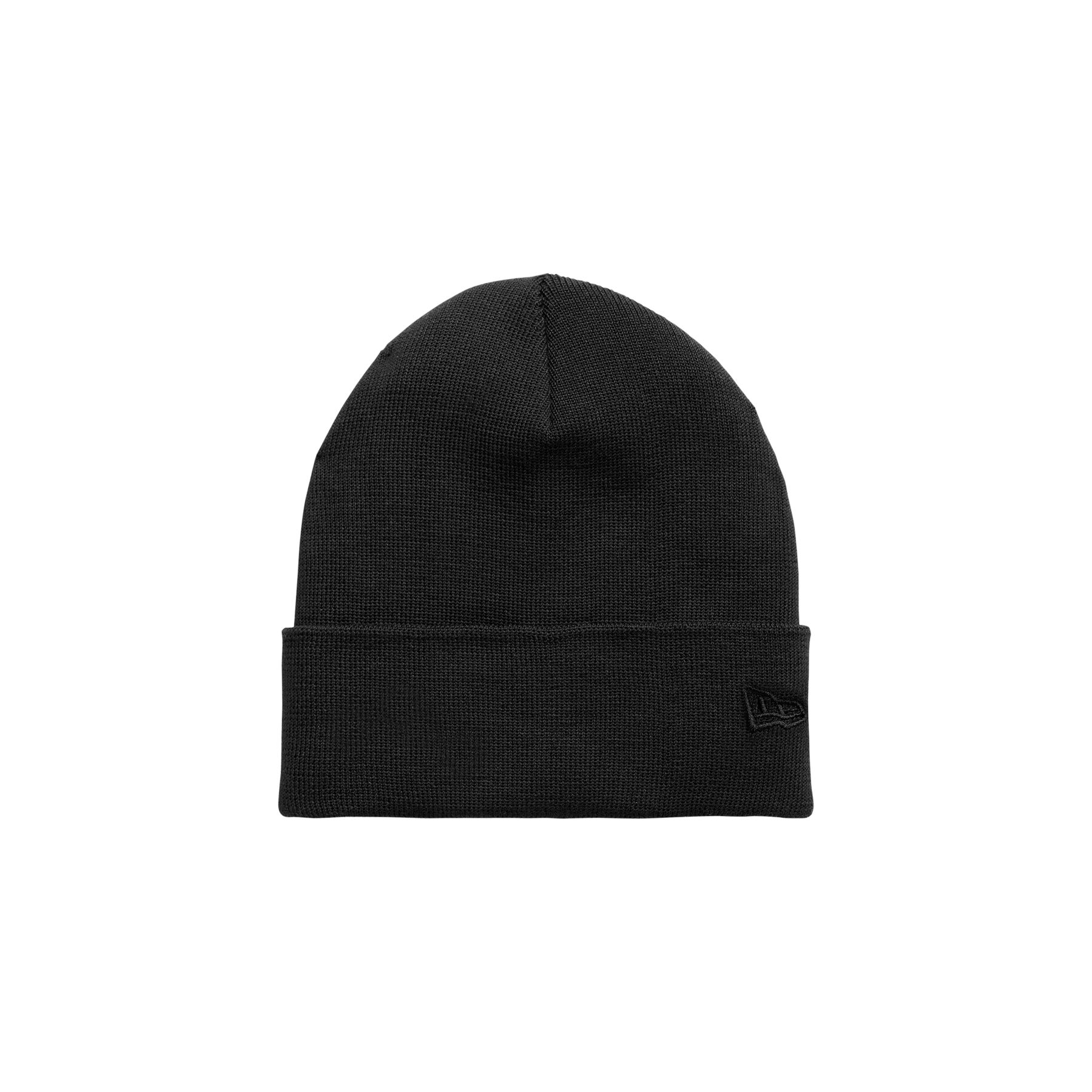 Black New Era Recycled Cuff Beanie in a classic solid color, made from 100% REPREVE® recycled polyester with a folded cuff and tonal embroidered New Era flag detail, designed for warm and comfortable cold-weather wear.