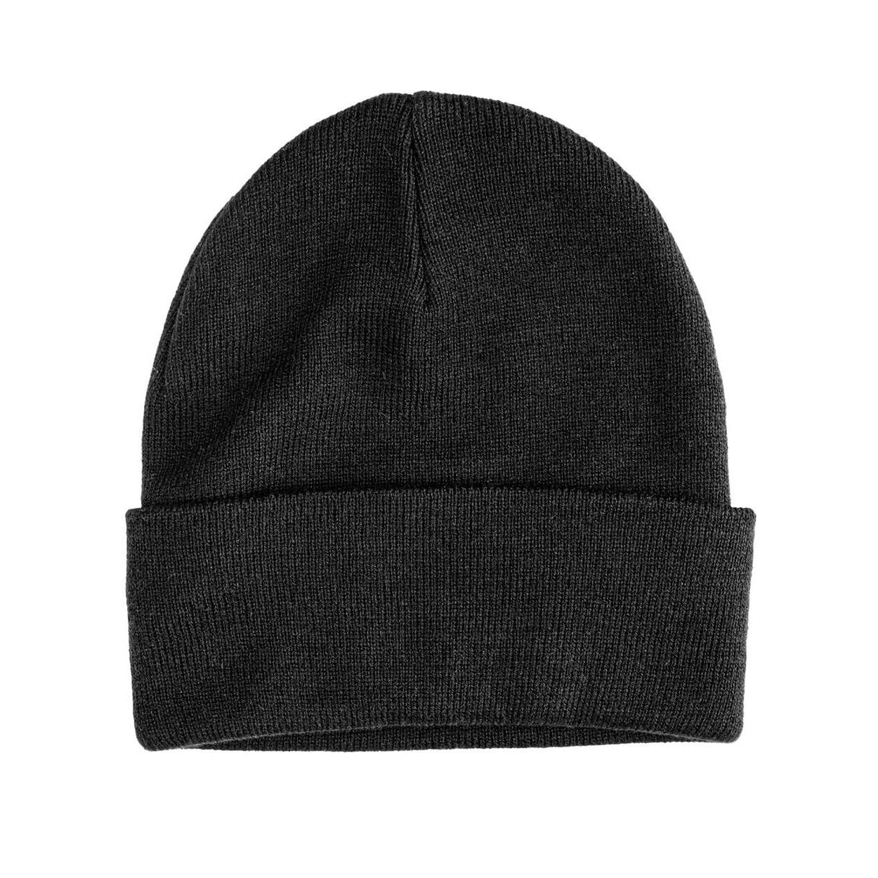 Black Econscious Base Camp Beanie in a fine gauge knit made from recycled polyester and acrylic, featuring a cuffed design for warm, comfortable wear during outdoor activities and cold-weather events.