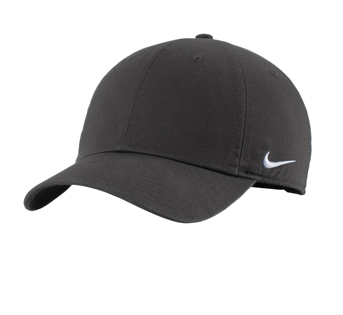 Anthracite Nike Heritage Cotton Twill Cap made from durable cotton twill with recycled and/or organic content, breathable embroidered eyelets, adjustable strap, and unstructured mid-profile design.