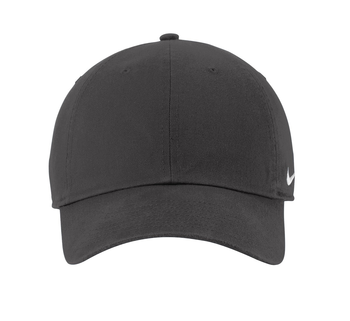 Anthracite Nike Heritage Cotton Twill Cap made from durable cotton twill with recycled and/or organic content, breathable embroidered eyelets, adjustable strap, and unstructured mid-profile design.