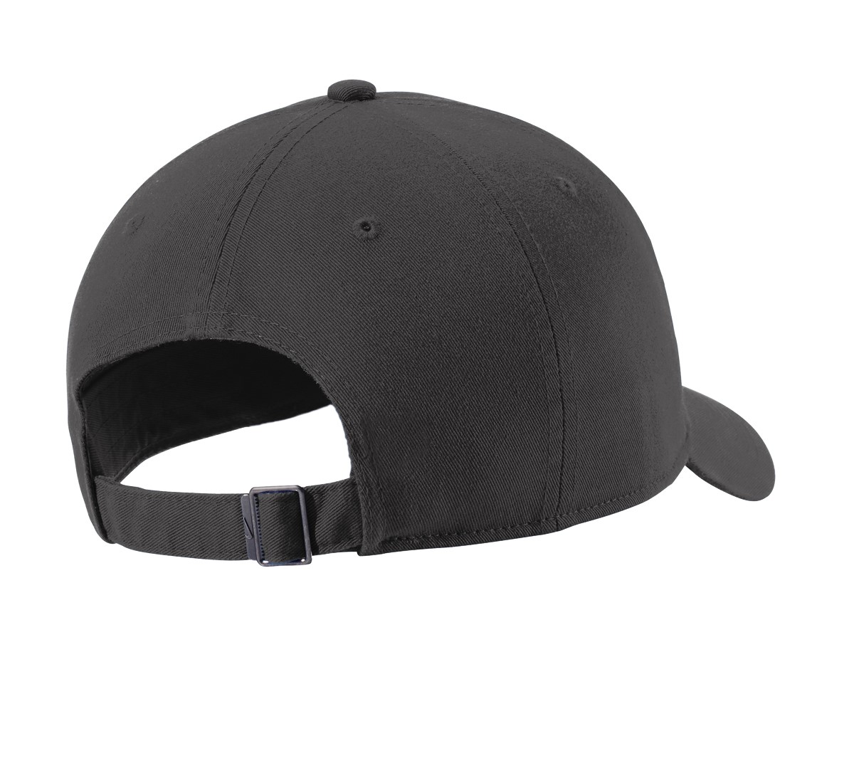 Anthracite Nike Heritage Cotton Twill Cap made from durable cotton twill with recycled and/or organic content, breathable embroidered eyelets, adjustable strap, and unstructured mid-profile design.