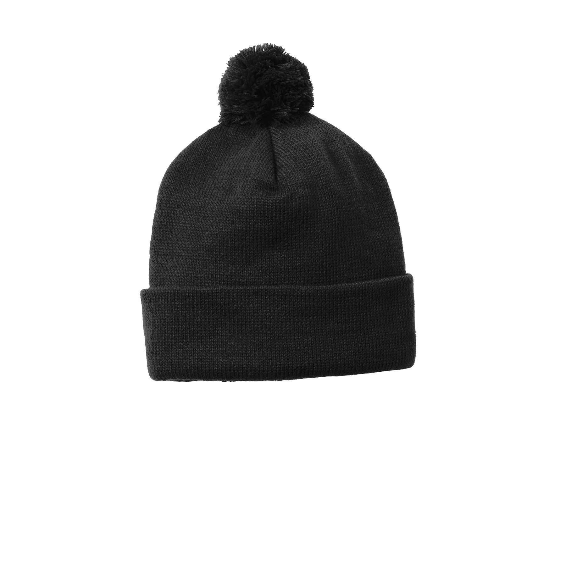 Black Sport-Tek Solid Pom Pom Beanie, featuring a soft 100% acrylic knit construction and classic ribbed design with a matching pom pom, designed for warm and comfortable cold-weather wear.