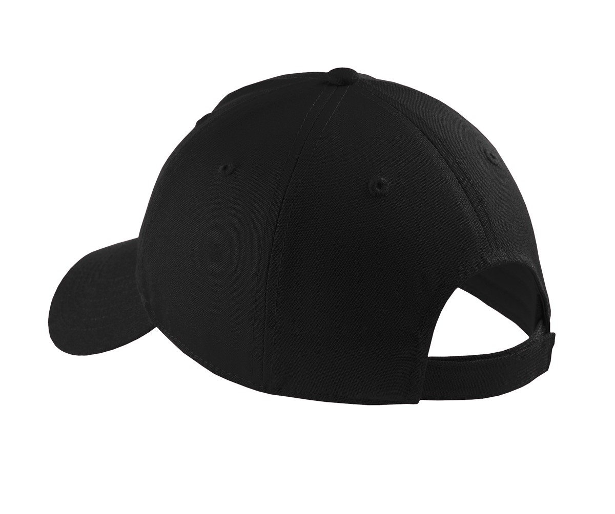 Black Port Authority soft brushed cotton canvas cap with an unstructured low-profile design and adjustable hook and loop closure.