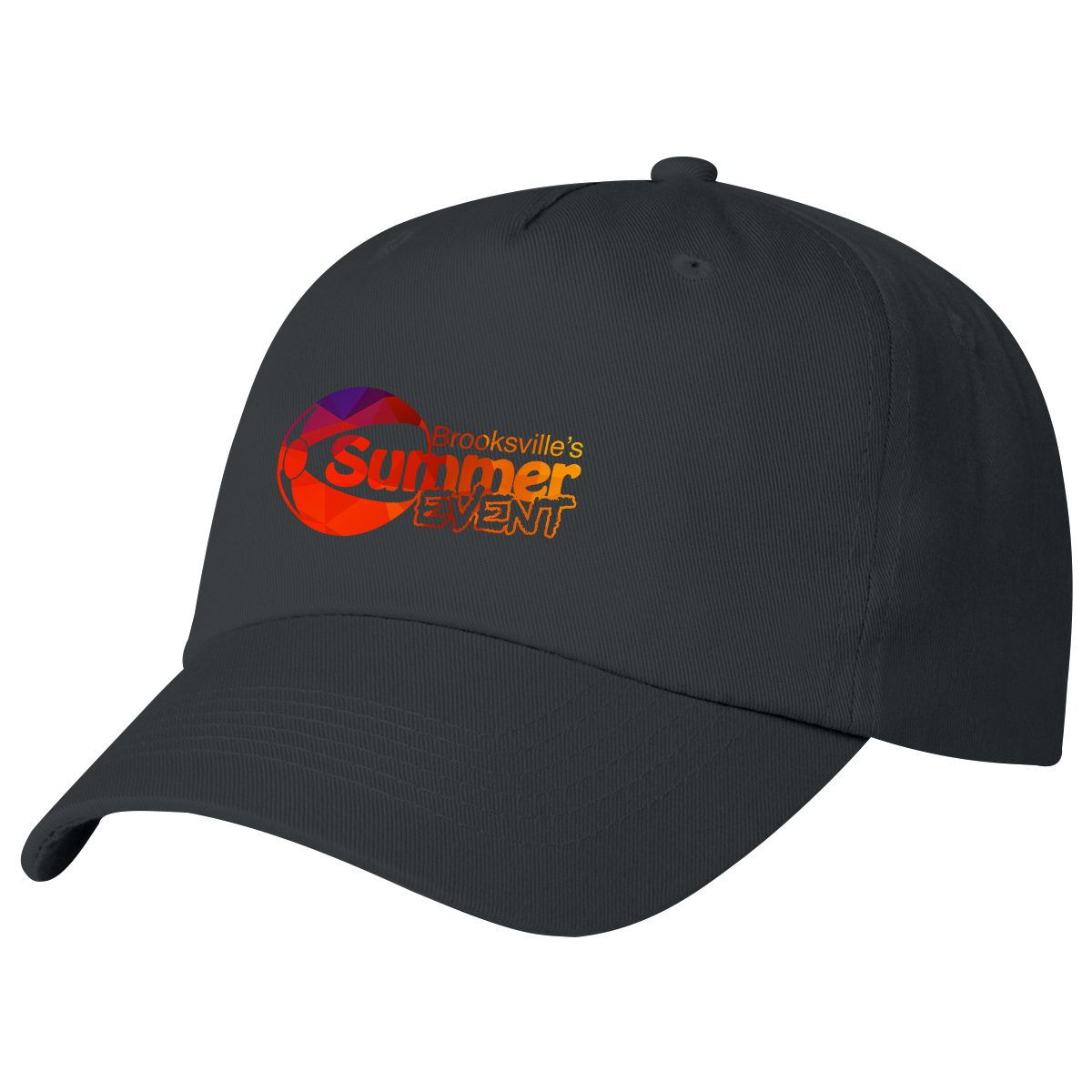 Black 5-panel polyester cap with a medium-profile unstructured crown, pre-curved visor, and adjustable hook-and-loop closure.