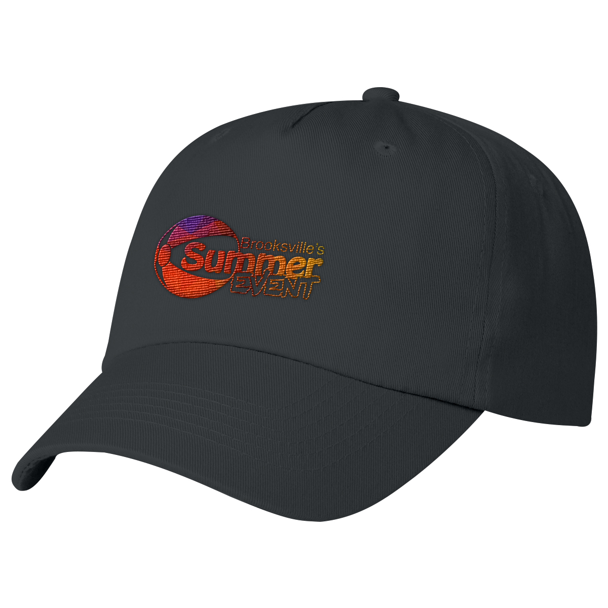Black 5-panel polyester cap with a medium-profile unstructured crown, pre-curved visor, and adjustable hook-and-loop closure.