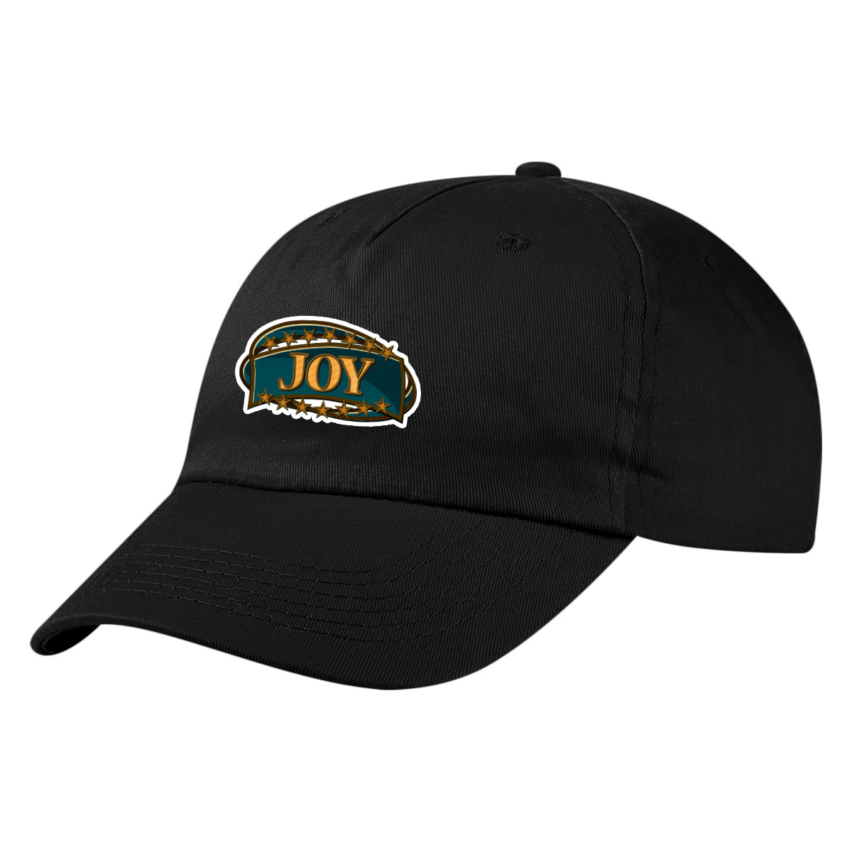 Black five-panel cotton twill cap with a medium-profile unstructured crown, pre-curved visor, and adjustable hook-and-loop closure.