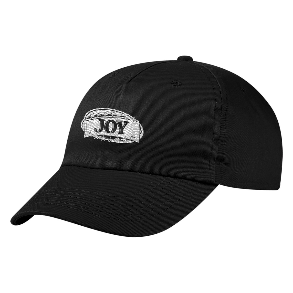 Black five-panel cotton twill cap with a medium-profile unstructured crown, pre-curved visor, and adjustable hook-and-loop closure.