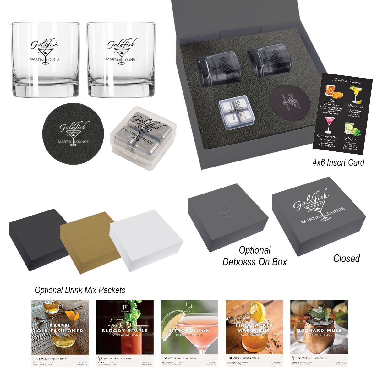 Whiskey gift set with two glasses, stainless steel ice cubes, and two bonded leather coasters.