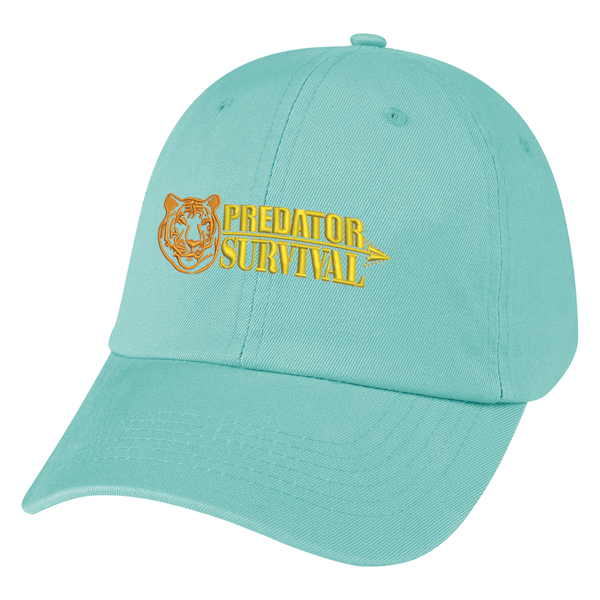 Teal washed cotton twill 6-panel cap with a low-profile unstructured crown, pre-curved visor, and adjustable sliding buckle closure.