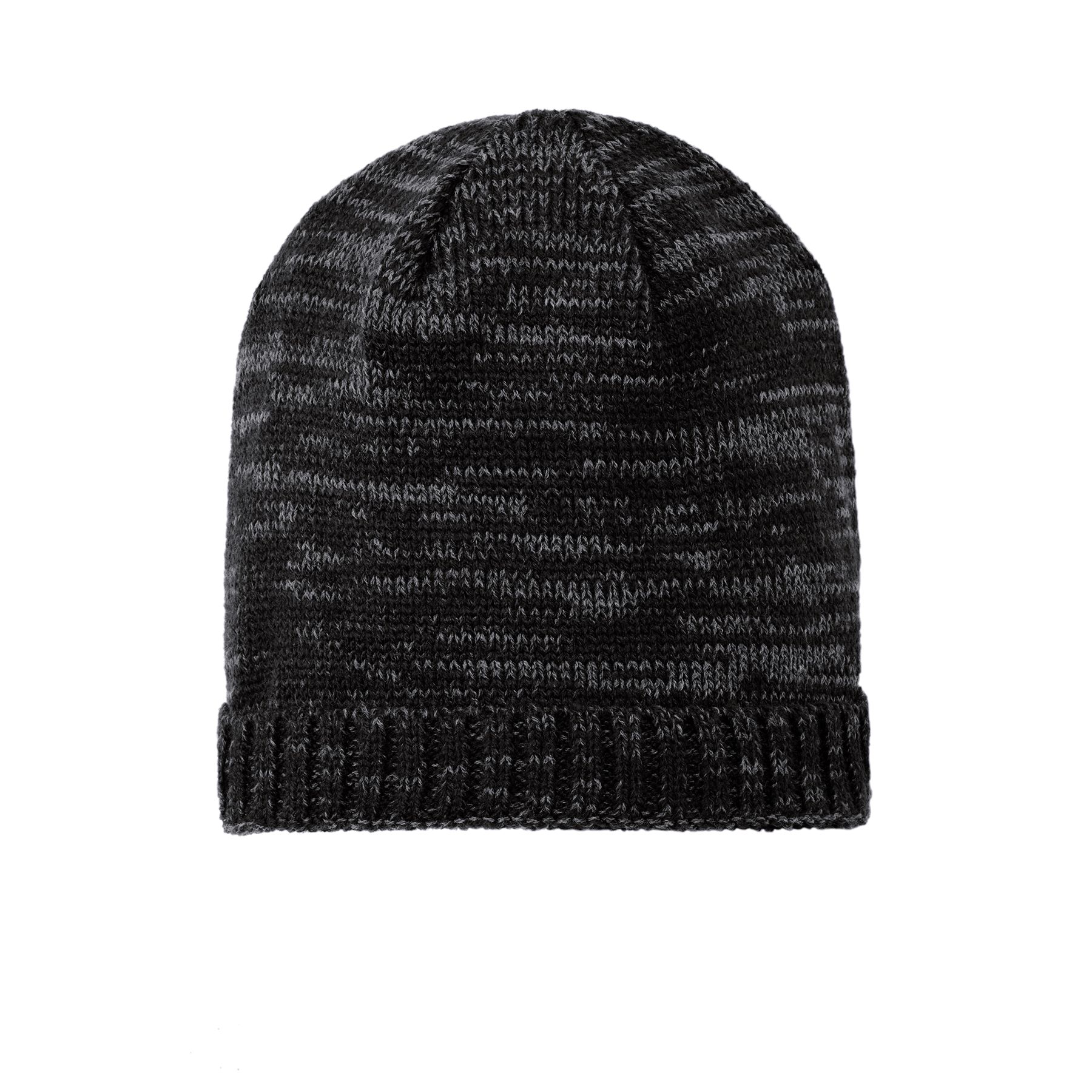 Black/Charcoal District® Spaced-Dyed Beanie in a soft heathered knit with a textured, dimensional appearance, made from a flexible acrylic, polyester, and spandex blend for comfortable warmth during cool-weather outdoor activities.