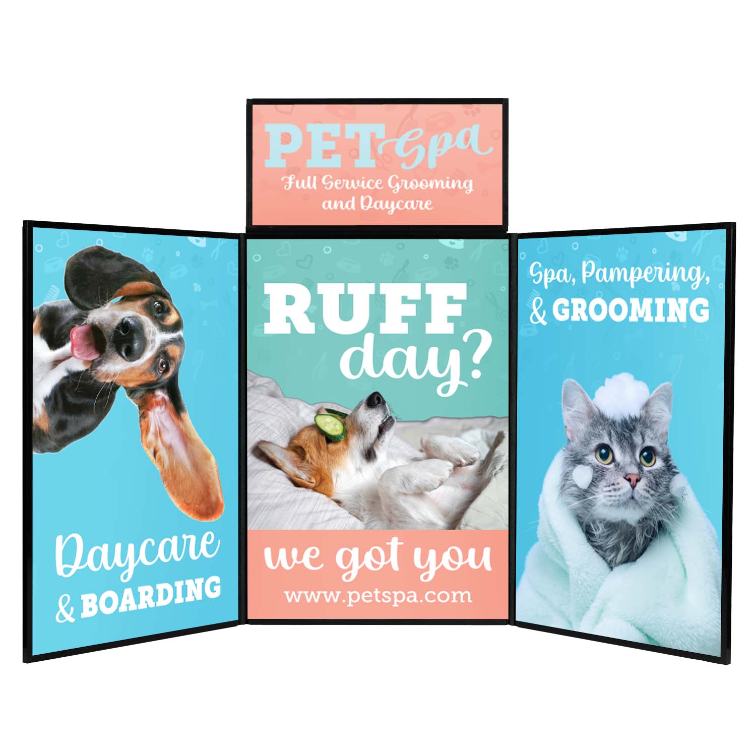 Lightweight folding display kit with a clip-on header, four full-color graphic panels, and a loop fabric surface for easy graphic attachment.