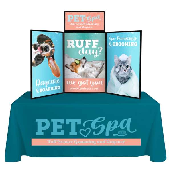 Lightweight folding display kit with a clip-on header, four full-color graphic panels, and a loop fabric surface for easy graphic attachment.