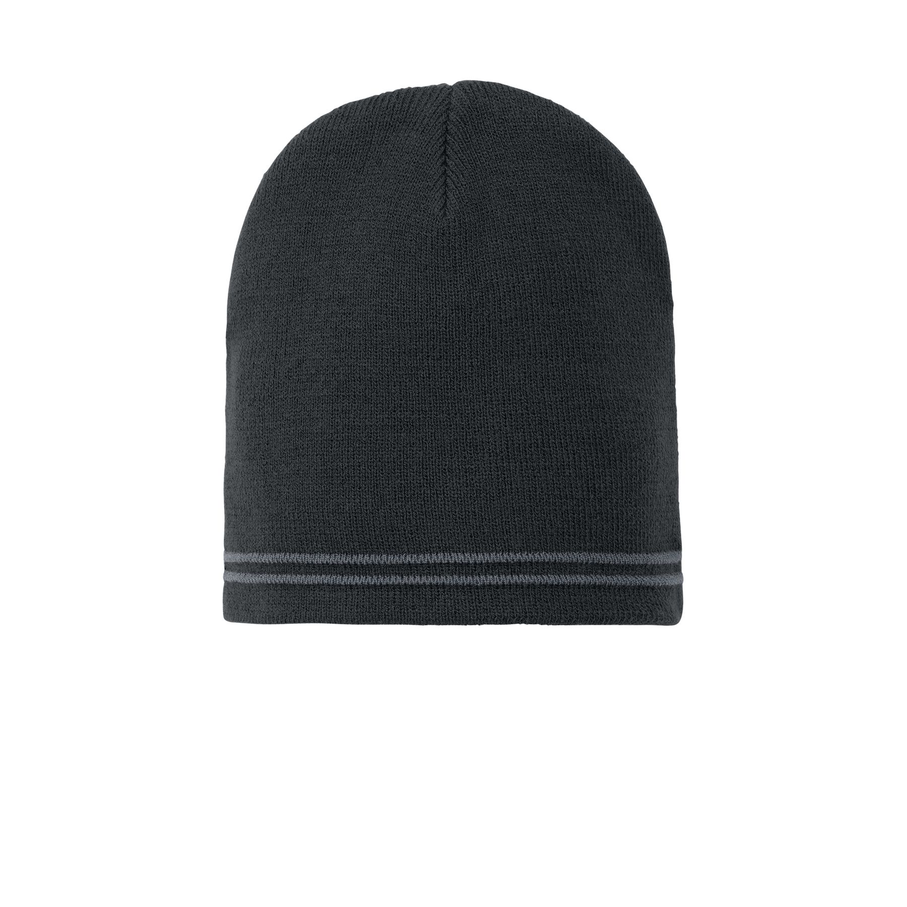 Black/Iron Gray Sport-Tek Spectator Beanie in a team-inspired color, featuring a classic 100% acrylic knit design with raised double stripes, ideal for sporting events, outdoor activities, and casual wear.