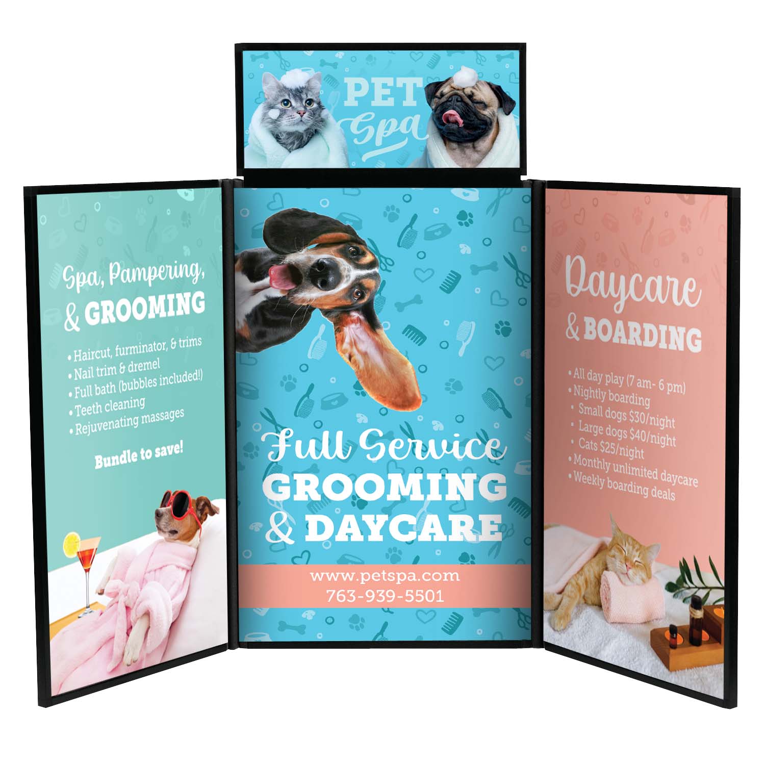 Lightweight folding display kit with a clip-on header, four full-color graphic panels, and hook-and-loop fasteners for easy setup.
