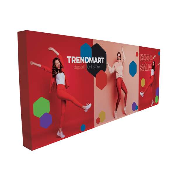 Pop-up backdrop display with 237" of seamless graphic space, recycled polyester graphics, and a lightweight aluminum frame for quick setup.