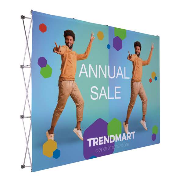 Compact backdrop display with a lightweight aluminum frame and block-out fabric graphic that prevents light show-through in brightly lit areas.