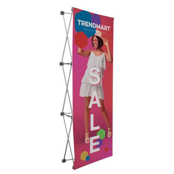 Backdrop display with recycled polyester graphics, lightweight aluminum frame, and hook-and-loop fasteners for easy installation.