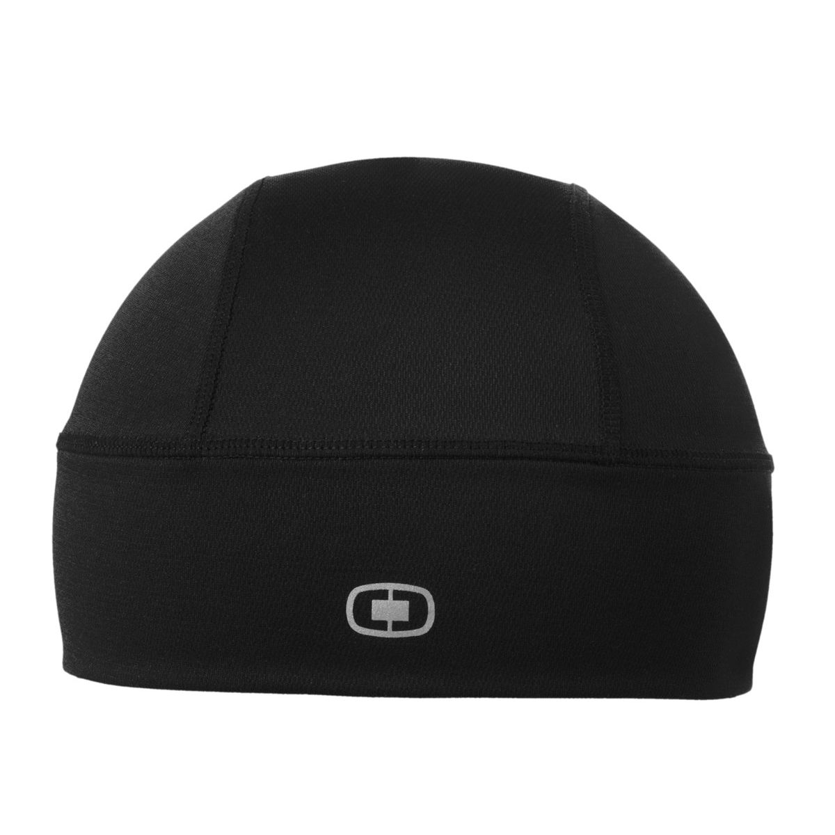 Blacktop OGIO® ENDURANCE Fulcrum Beanie in a lightweight polyester/polypropylene blend, featuring a front reflective “O” heat transfer and a snug design suitable for wearing alone or under a helmet during outdoor activities, sports, or work.