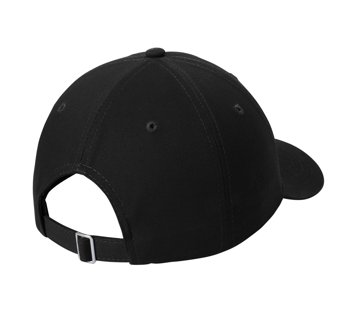 Black brushed cotton twill low-profile cap with an unstructured design and adjustable self-fabric slide closure.