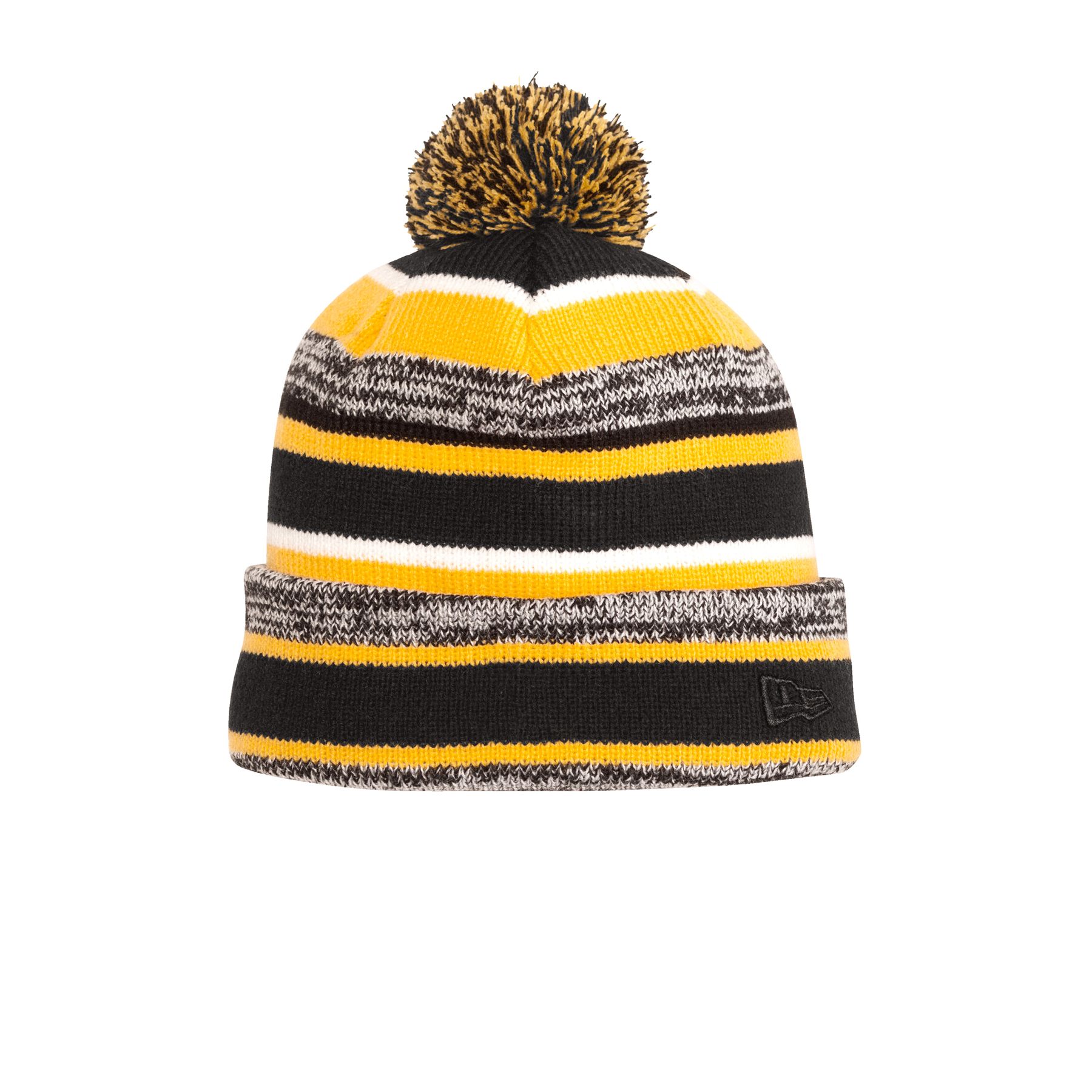 Black/Gold New Era® Sideline Beanie with heather stripes, a dual-colored pom, warm fleece lining, and tonal embroidered flag detail, featuring a soft 100% acrylic exterior for cozy cold-weather wear.