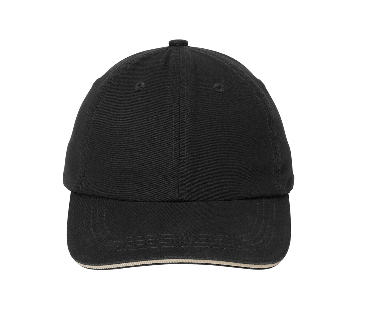 Black and khaki garment-washed cotton twill cap with a low-profile unstructured design, contrasting sandwich bill, and hook and loop closure.