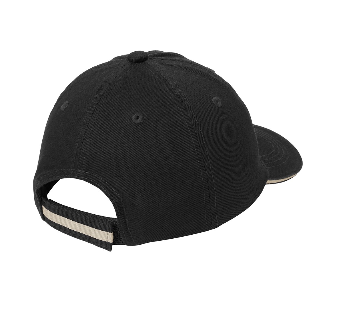Black and khaki garment-washed cotton twill cap with a low-profile unstructured design, contrasting sandwich bill, and hook and loop closure.