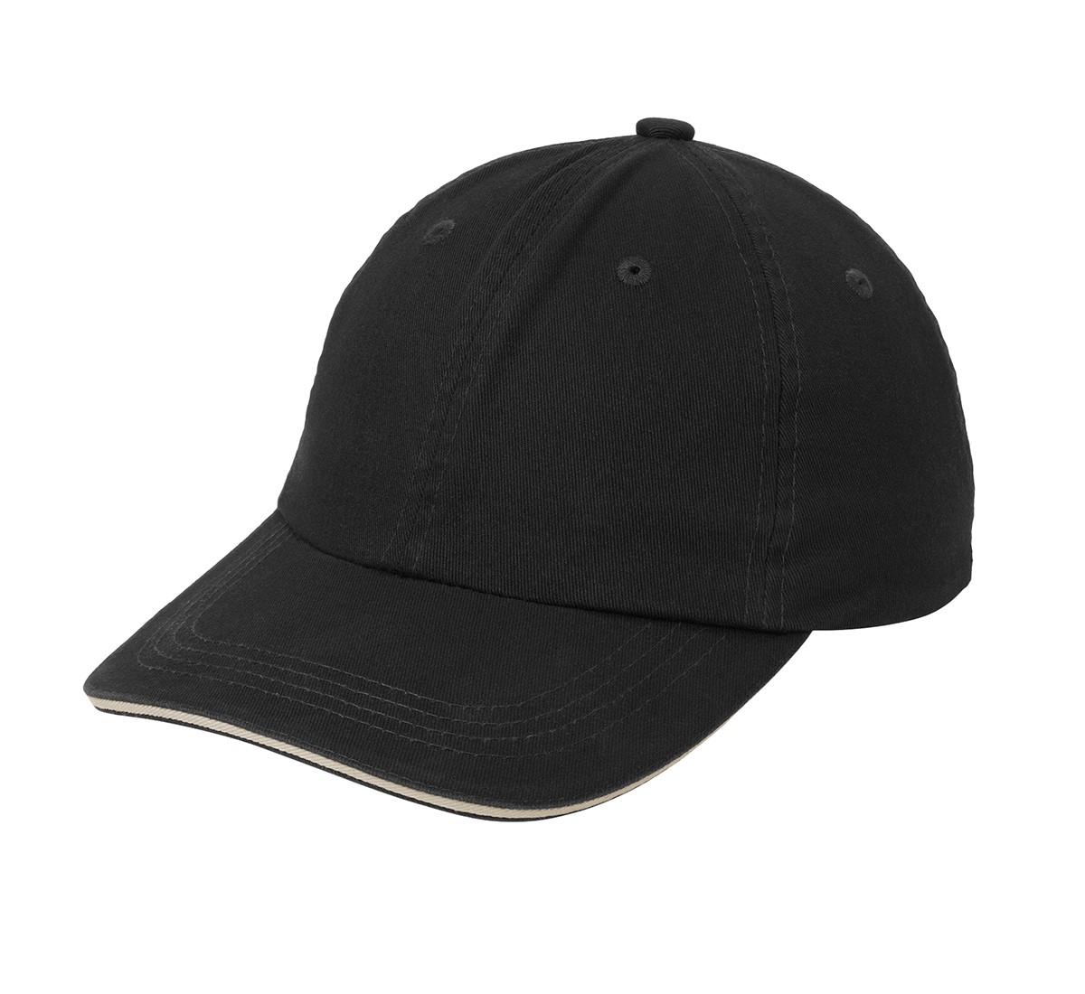 Black and khaki garment-washed cotton twill cap with a low-profile unstructured design, contrasting sandwich bill, and hook and loop closure.