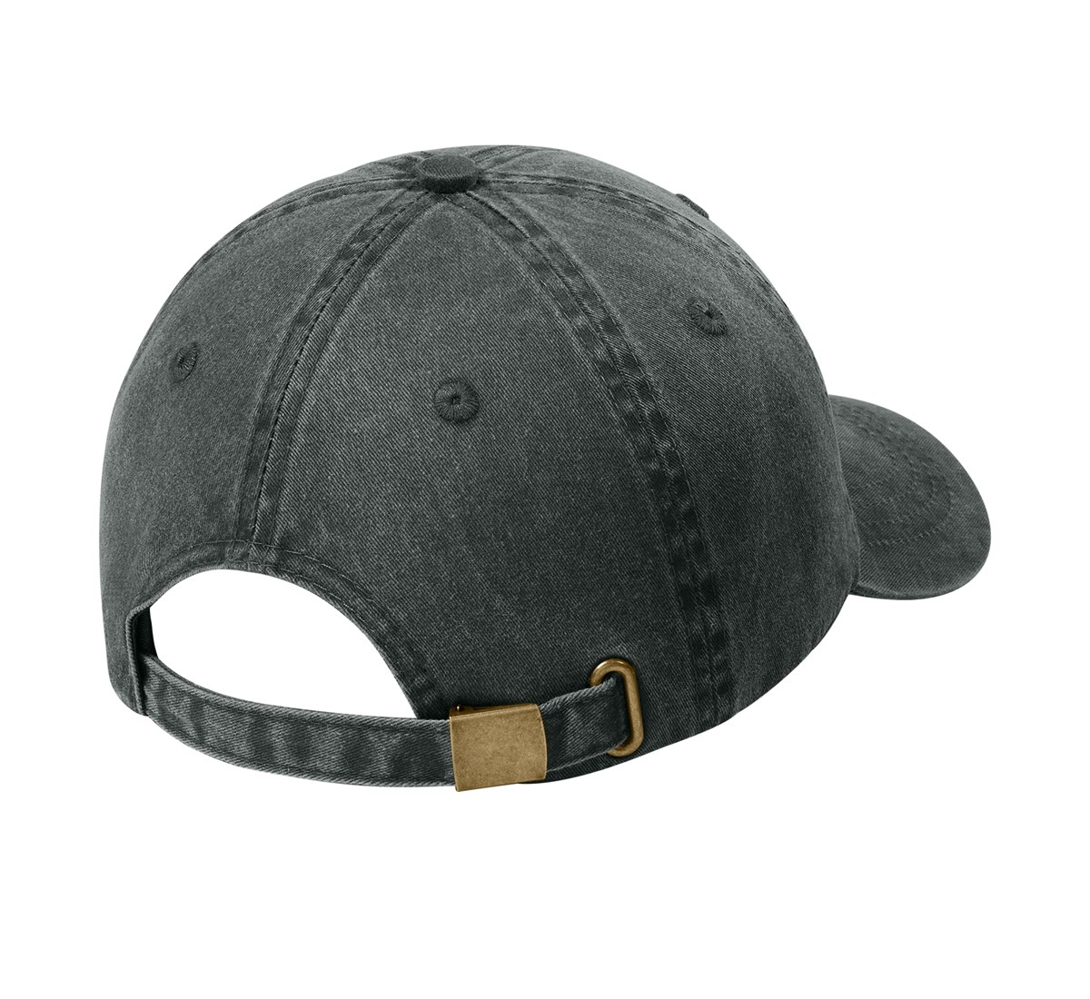 Black Port Authority pigment-dyed cap made from cotton twill with an unstructured low-profile design and self-fabric slide closure with brass buckle and grommet.