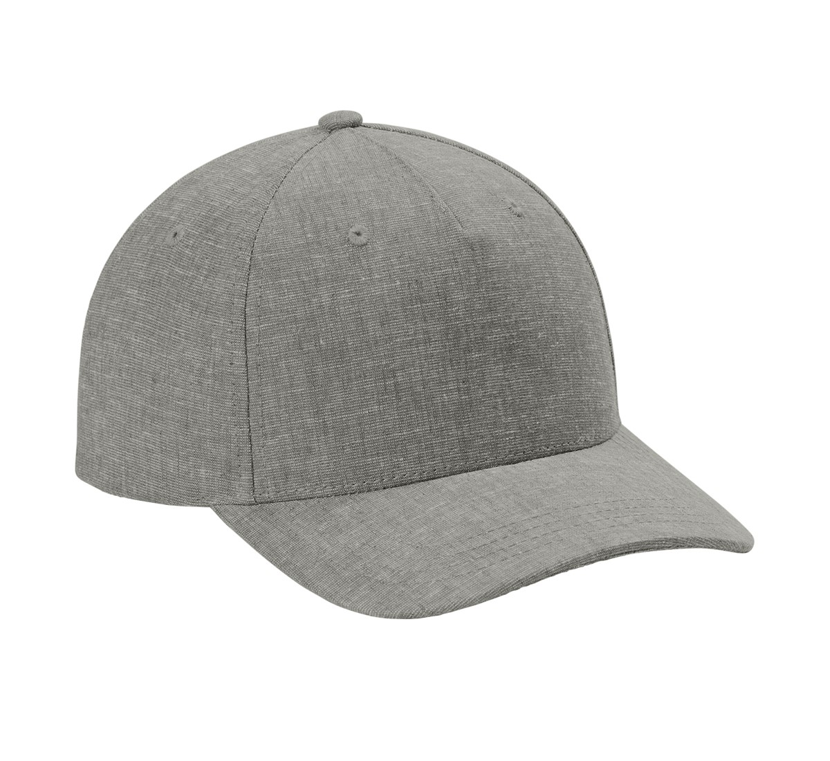 Gargoyle Grey Heather tentree hemp cap made from hemp, recycled polyester, and spandex with a 5-panel construction, curved recycled plastic brim, cork label, and snapback closure.