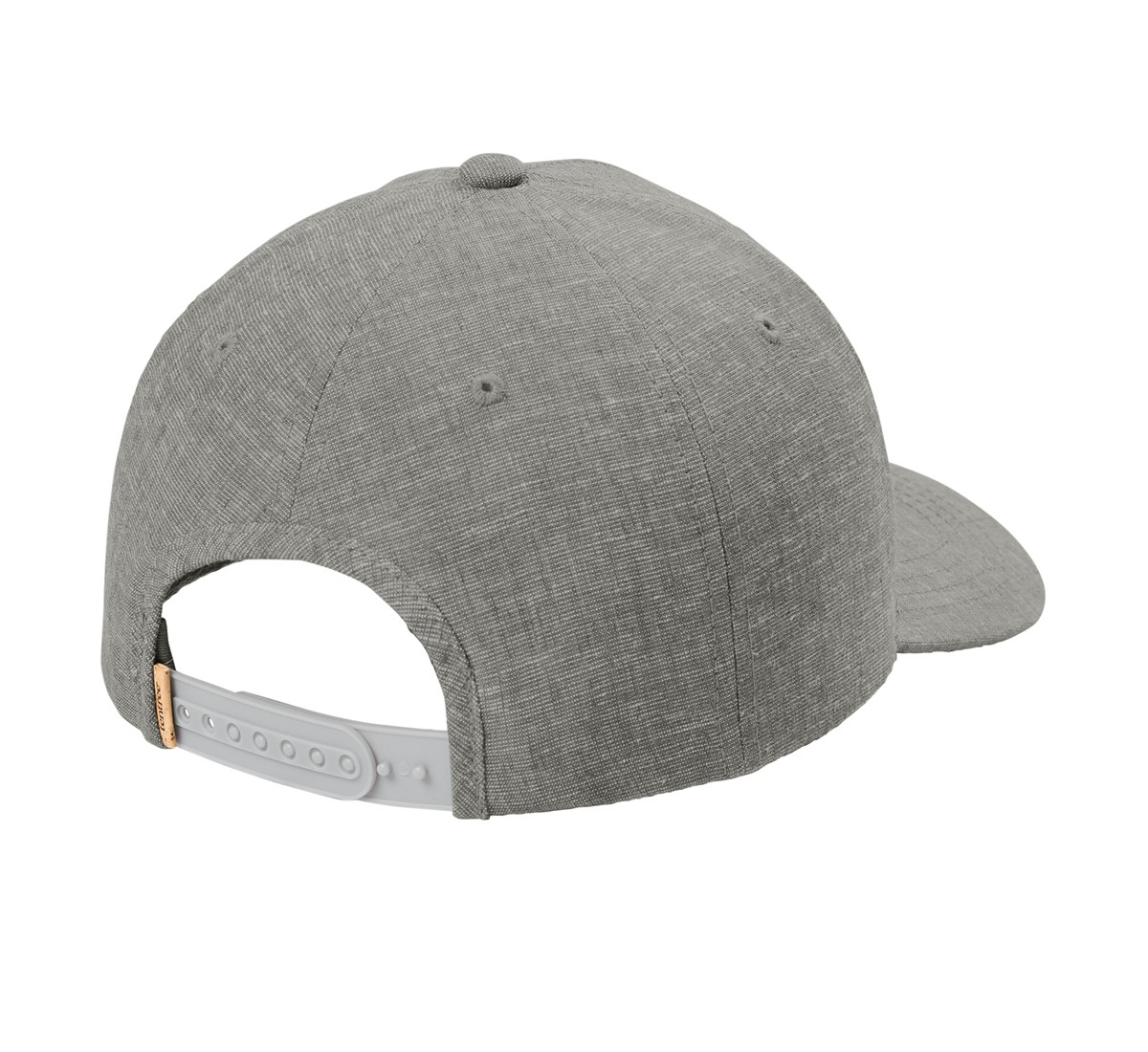 Gargoyle Grey Heather tentree hemp cap made from hemp, recycled polyester, and spandex with a 5-panel construction, curved recycled plastic brim, cork label, and snapback closure.