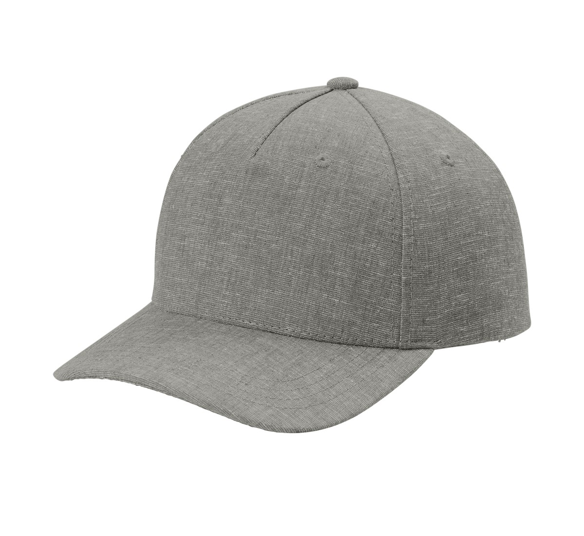 Gargoyle Grey Heather tentree hemp cap made from hemp, recycled polyester, and spandex with a 5-panel construction, curved recycled plastic brim, cork label, and snapback closure.