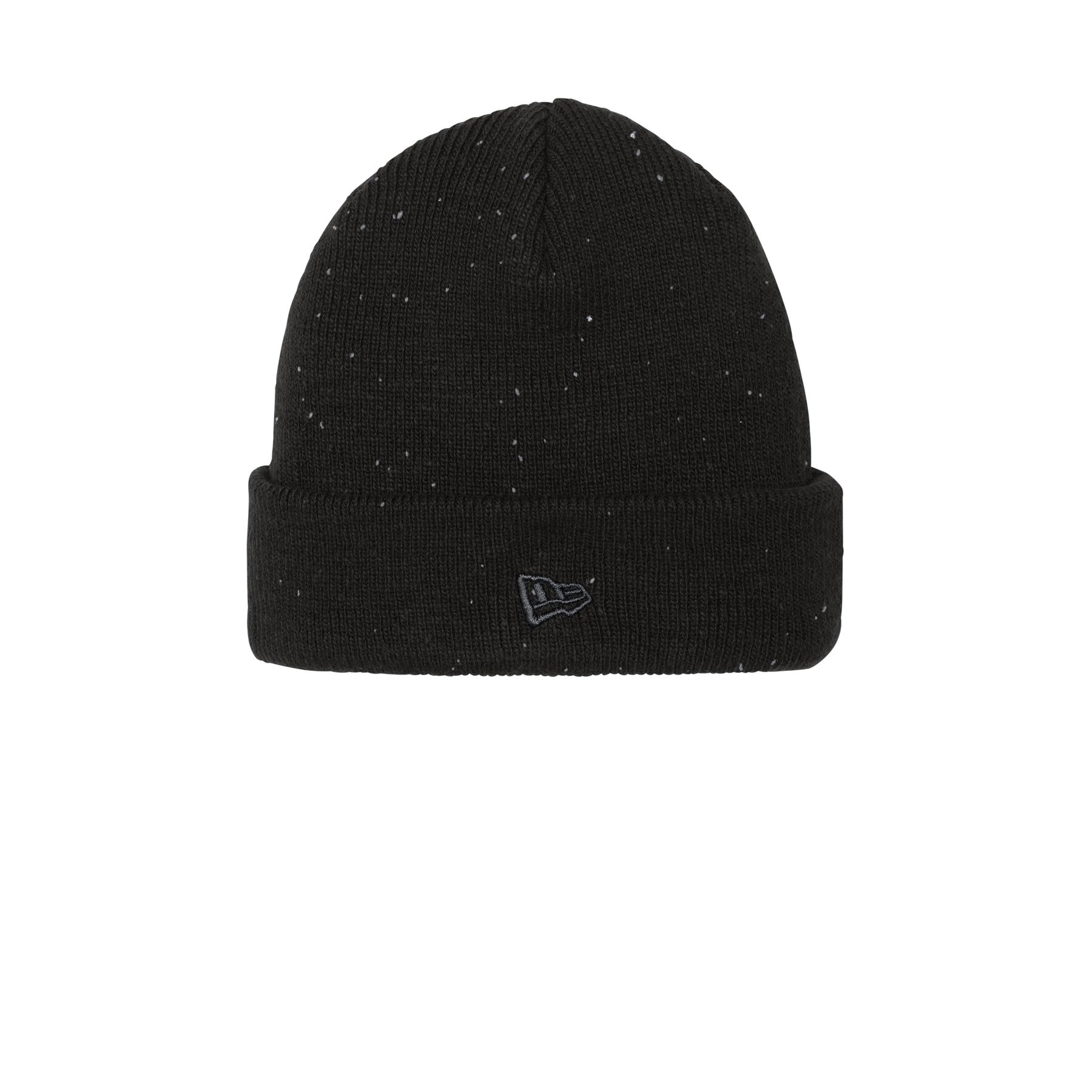 Black/Graphite New Era Speckled Beanie in a solid color with tonal flecks, featuring an unlined cuffed design, 100% acrylic fabric, and an embroidered flag detail for warm, casual cold-weather wear.