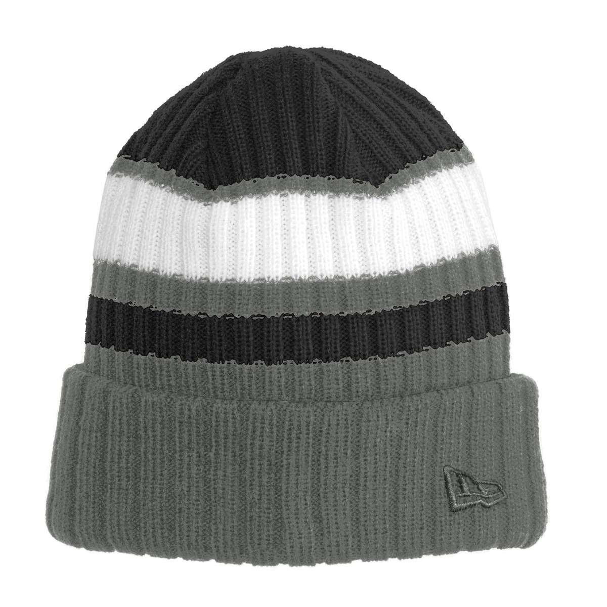 Black/Graphite New Era Ribbed Tailgate Beanie in a ribbed knit design with contrasting stripes, soft 100% acrylic construction, and a tonal embroidered flag detail, designed for warmth during team events, outdoor activities, and everyday wear.
