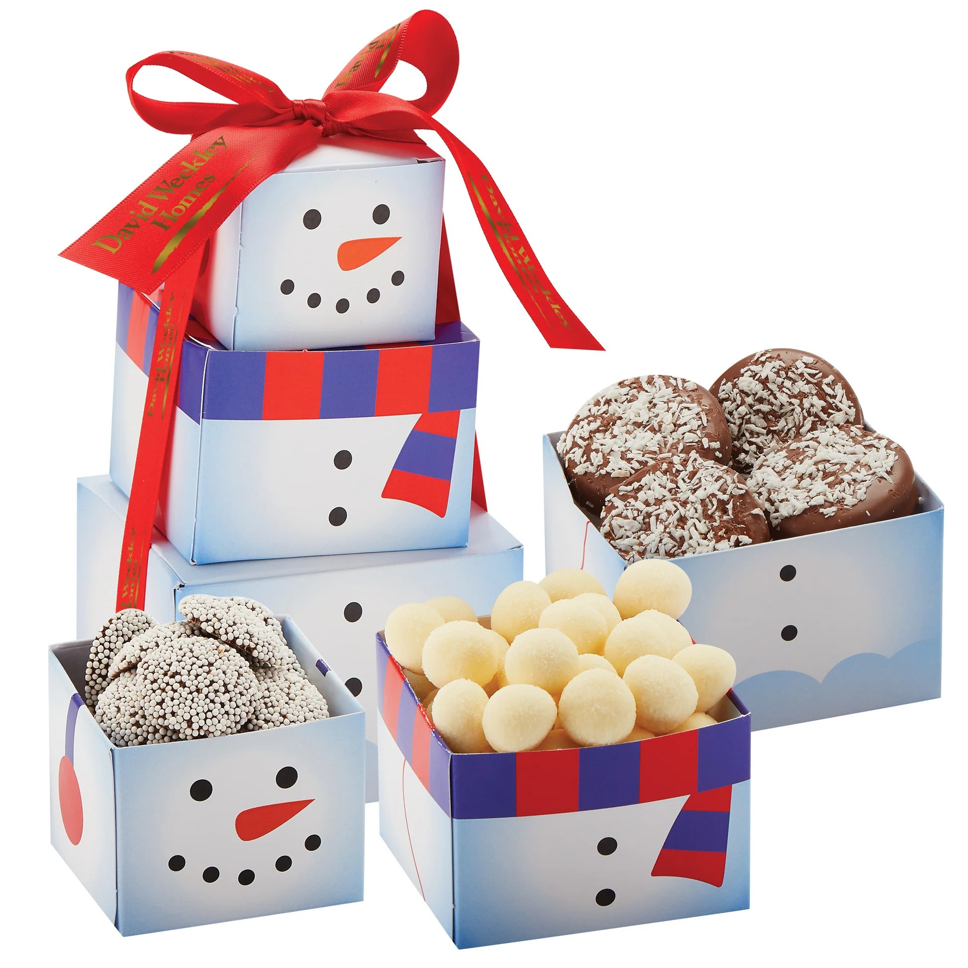 Mini Snowman Tower featuring a festive snowman-themed design in a compact holiday gift tower, filled with sugar cookie snowballs, dark chocolate nonpareils, and four chocolate-covered OREO® cookies with shredded coconut, ideal for seasonal gifting and holiday celebrations.